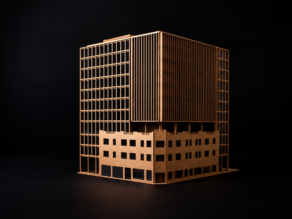 Maqueta de una torre con retícula estructural y celosías verticales de madera sobre un basamento de dos niveles, fotografiada sobre fondo oscuro.