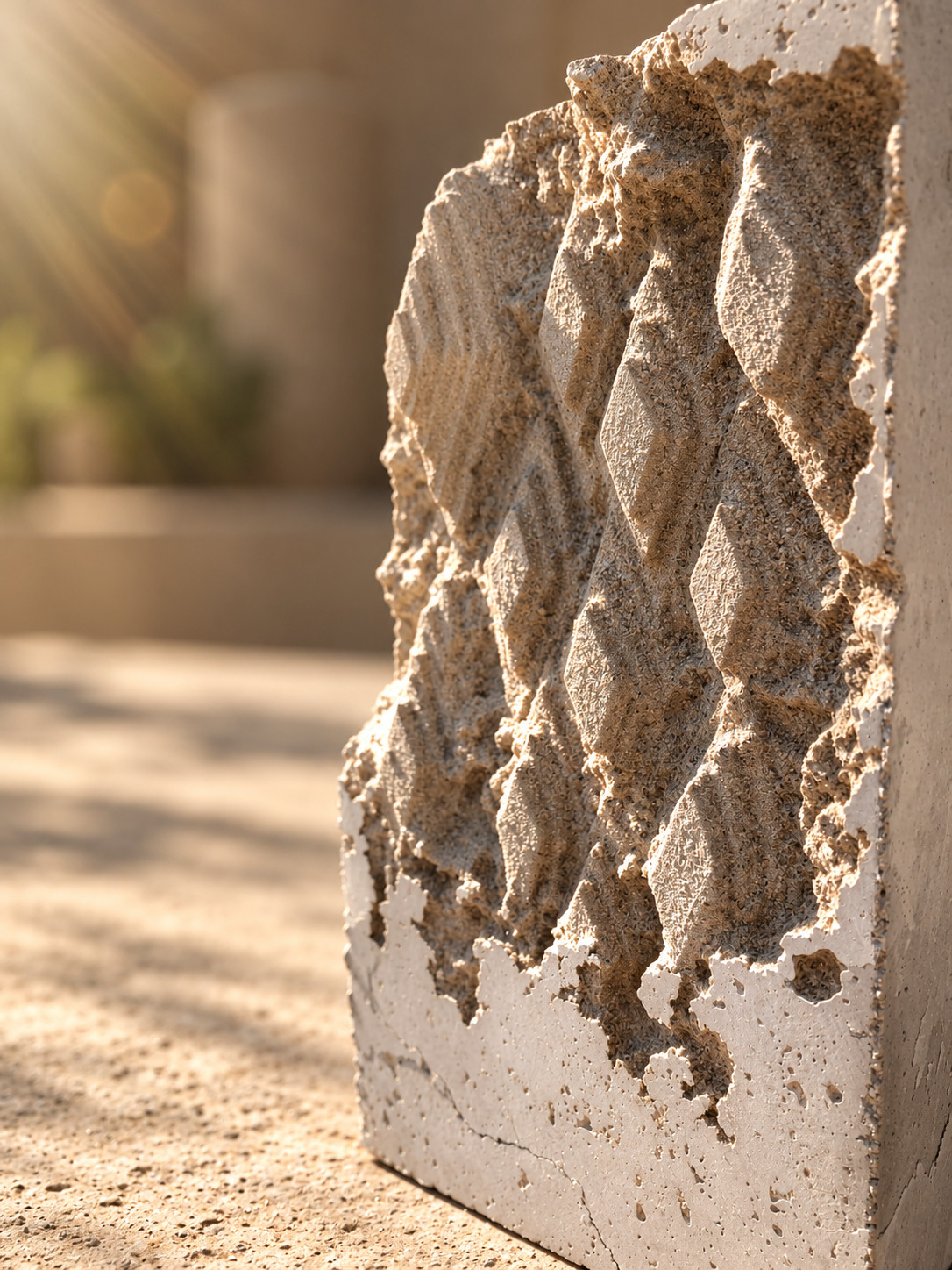 Bloque de concreto con relieve de rombos y textura rugosa bajo luz de sol