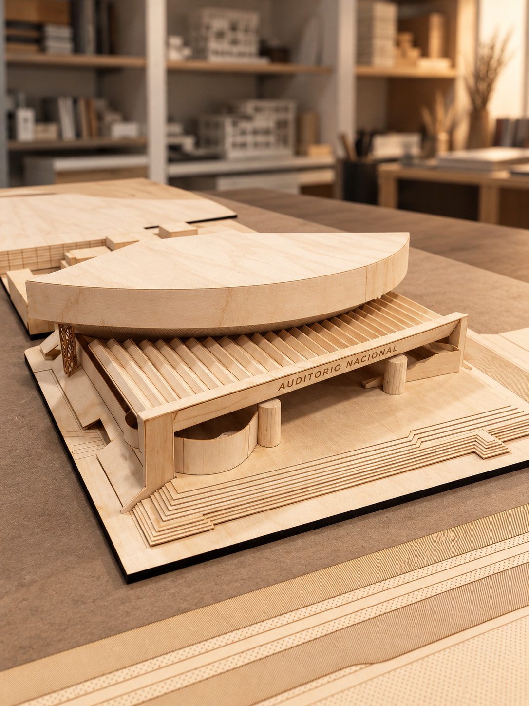 Maqueta en madera del Auditorio Nacional con cubierta curva, vista en perspectiva