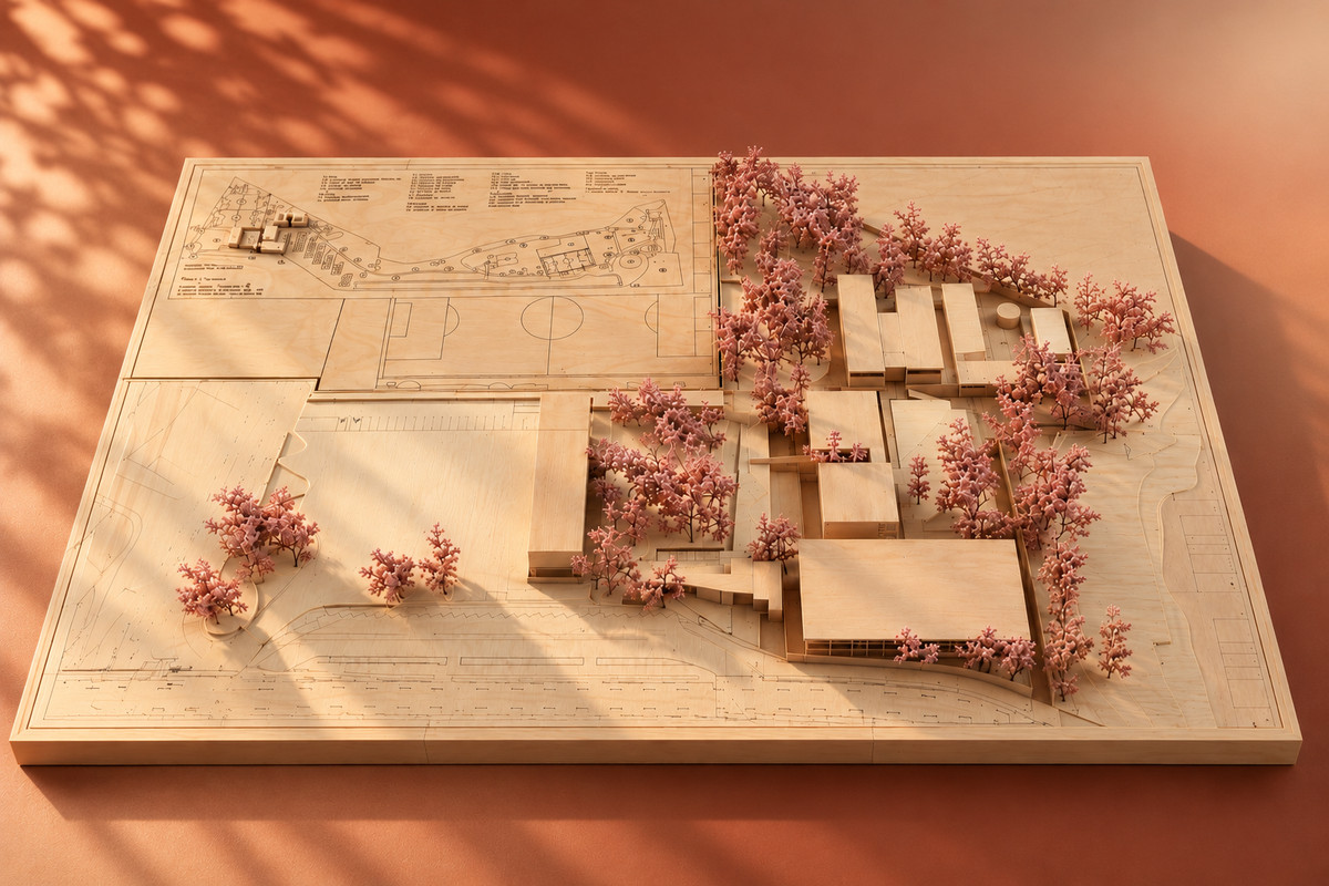 Maqueta de un conjunto de edificios de madera clara sobre una base con el plano grabado, con muchos árboles de follaje rosa, sobre un fondo terracota.