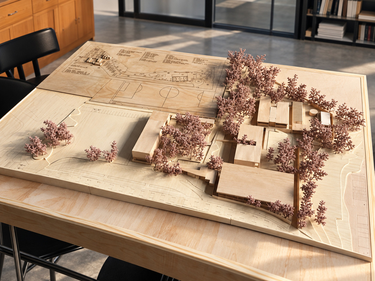Proceso del modelo — Vegetación y acabados del modelo de madera.
