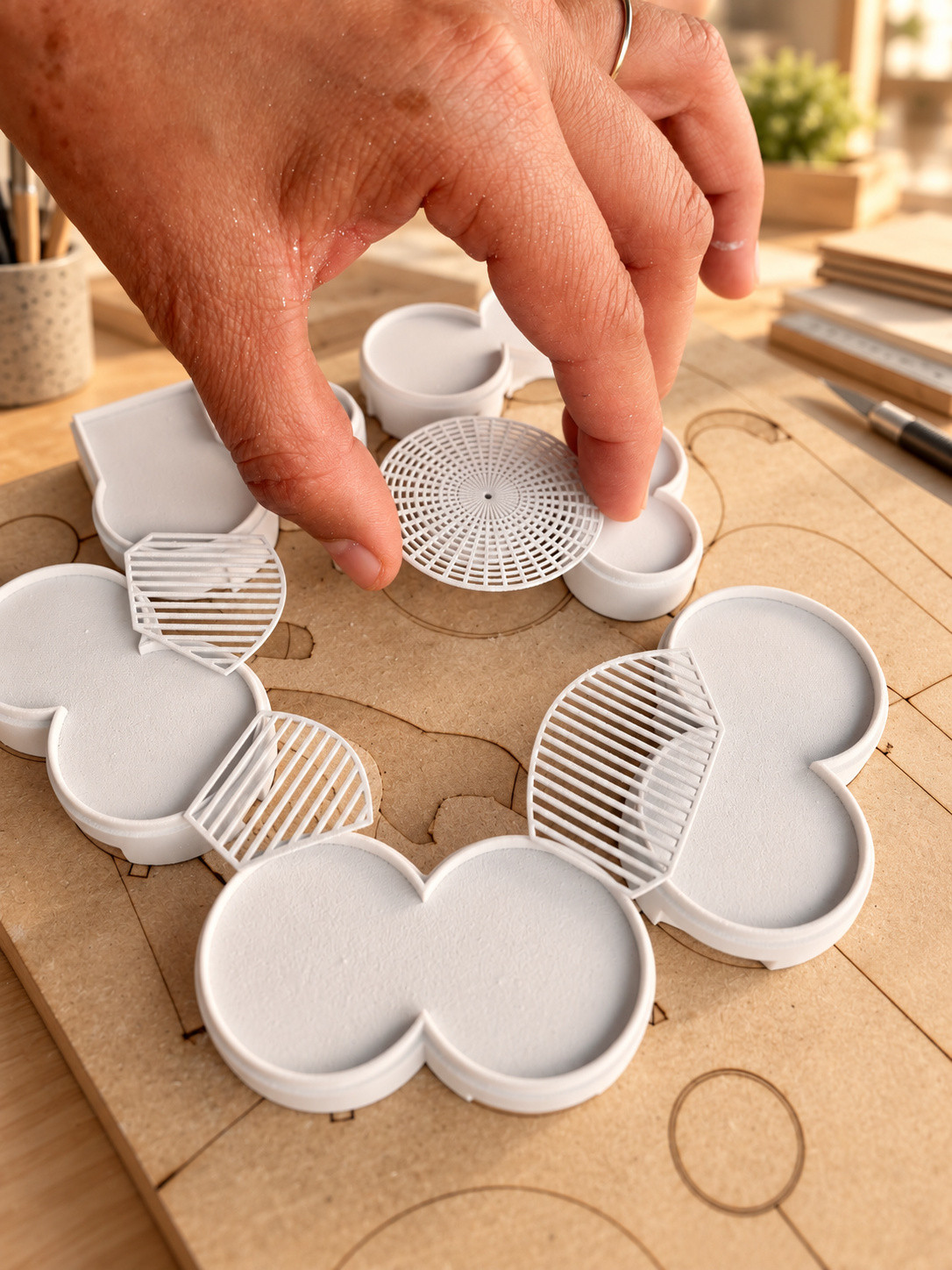Proceso del modelo — Colocación de piezas blancas a mano.