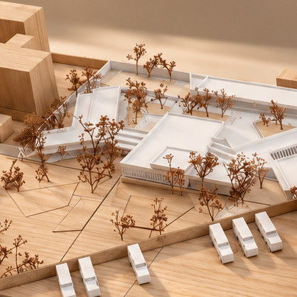 Maqueta de un proyecto de recuperación de espacios públicos: una plaza de madera con árboles secos, pabellones blancos, bloques de madera y una placa informativa sobre una base blanca, sobre fondo beige.