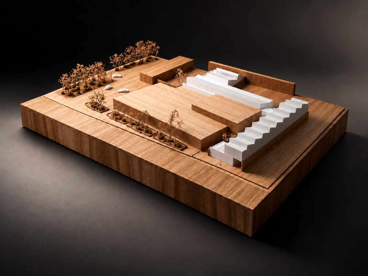 Maqueta de un conjunto de talleres sobre una gruesa base de madera, con escalinatas blancas, vehículos y hileras de árboles secos, sobre fondo oscuro.