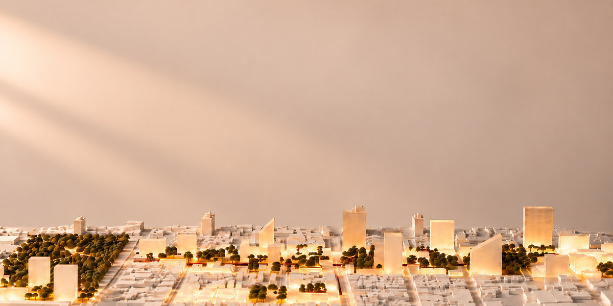 Maqueta urbana iluminada de Maquetas MX: edificios blancos que brillan con luz dorada, parques de árboles y calles, bajo una luz cálida sobre un fondo beige.