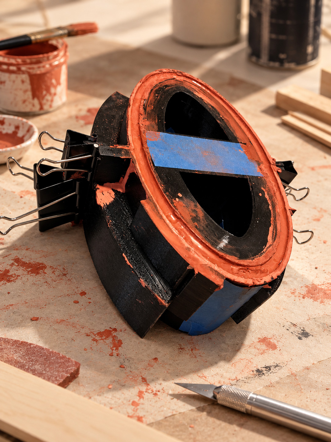 Molde negro impreso en 3D con barro rojo, cinta azul y pinzas durante el proceso