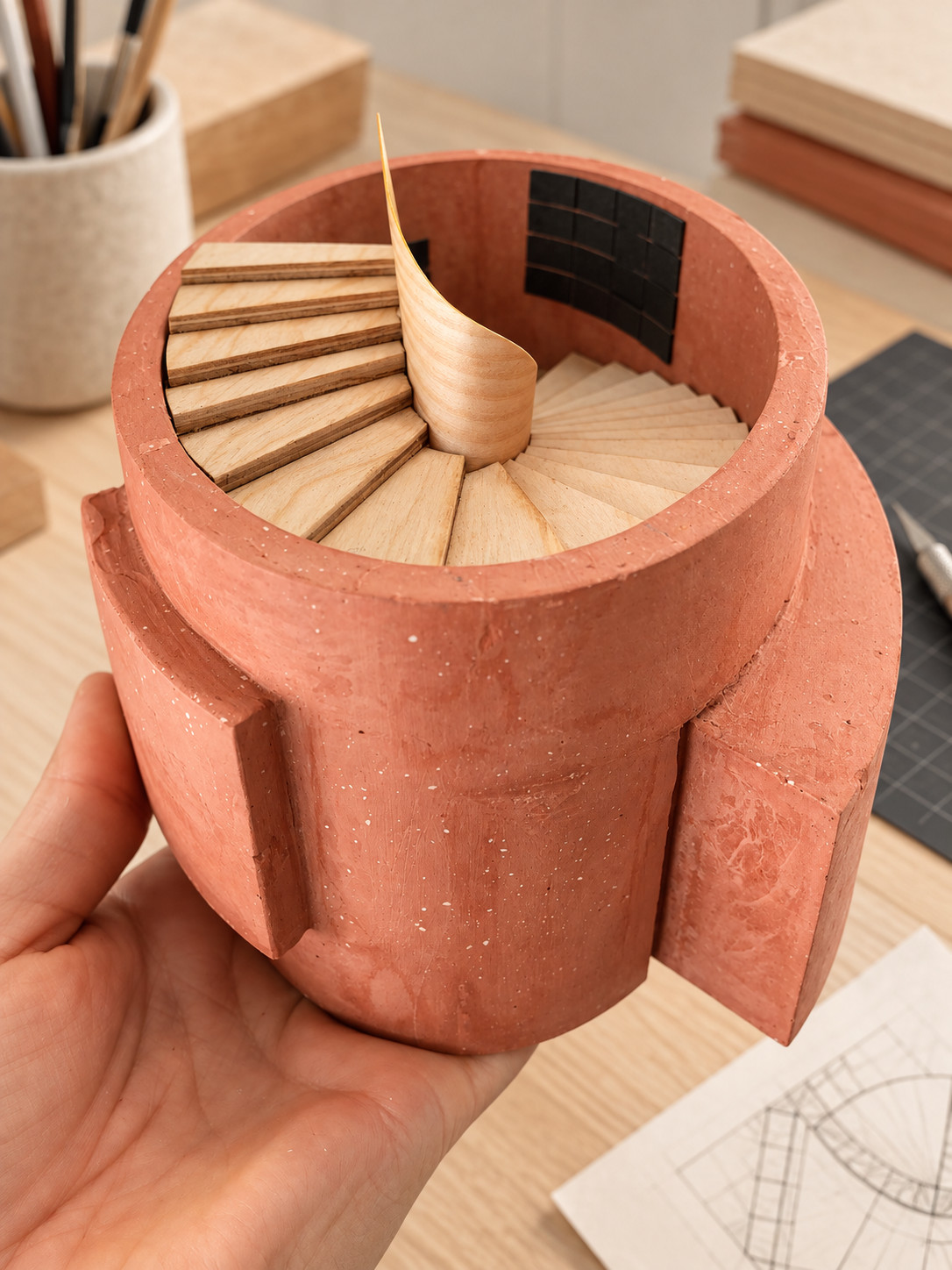 Mano sosteniendo un cilindro de barro rojo con una escalera de caracol de madera en el interior